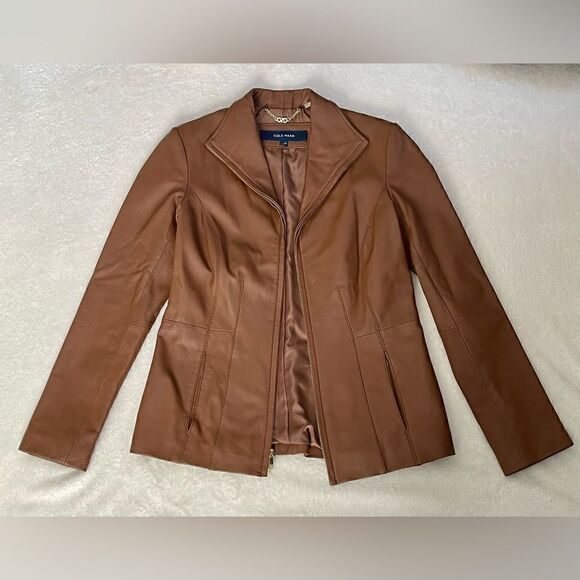 COLE HAAN Brown Tan Lambskin Leather Jacket XS - Picture 3 of 7